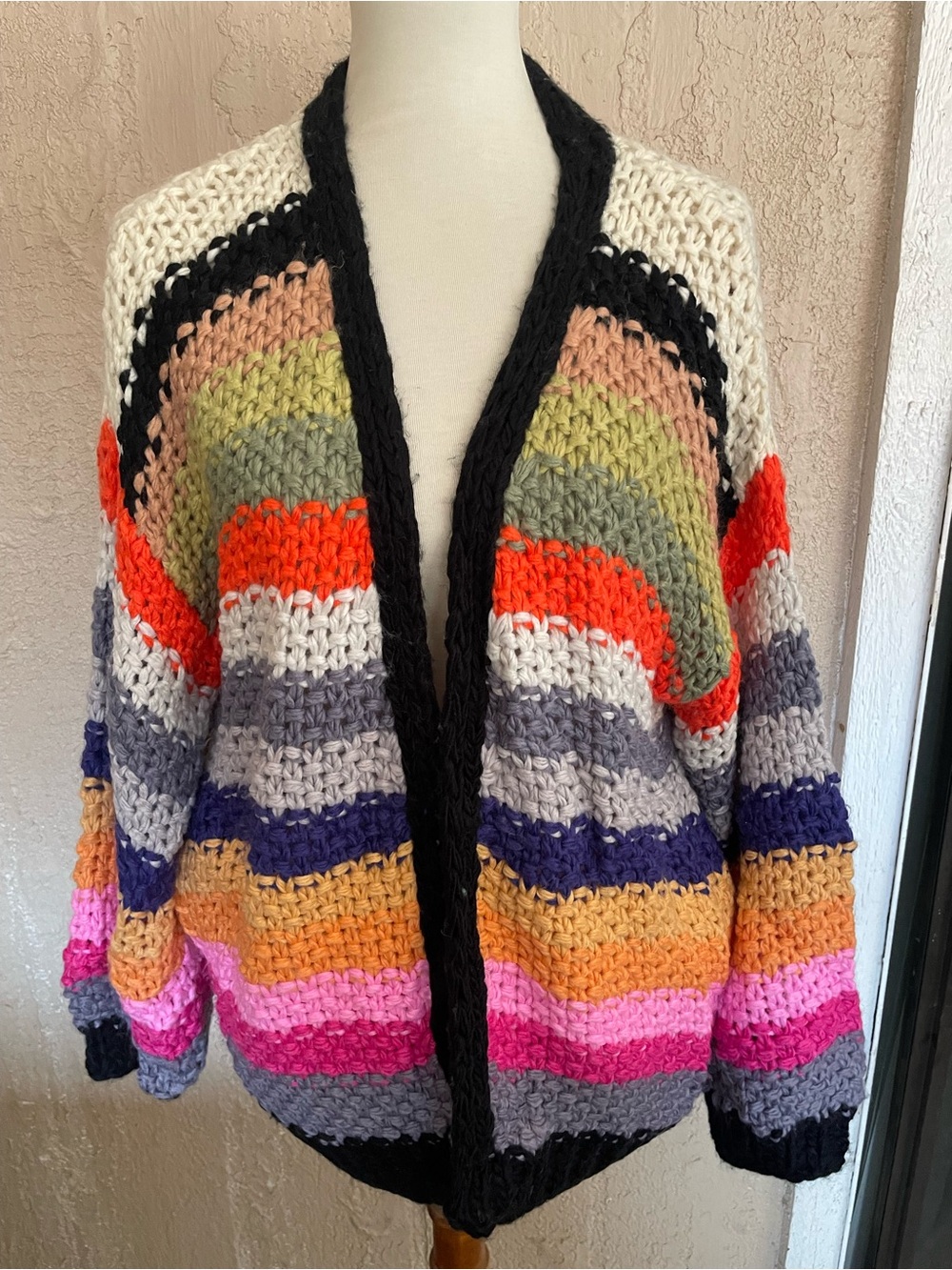 BiBi Multicolor Striped Open Crochet Cardigan - Black Trim
